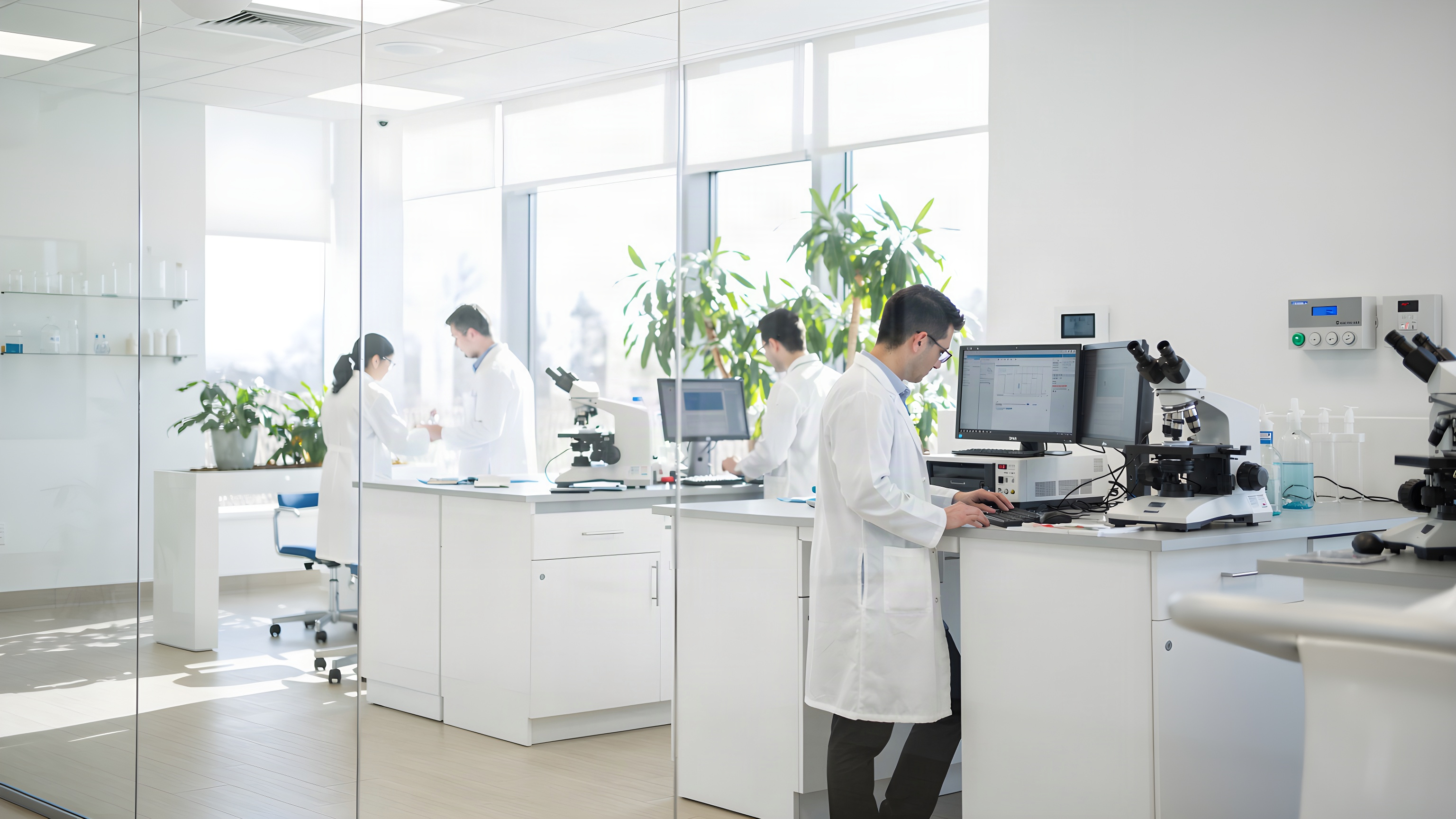 Laboratorio de investigación luminoso con profesionales de bata blanca trabajando entre microscopios y monitores (imagen ilustrativa)
